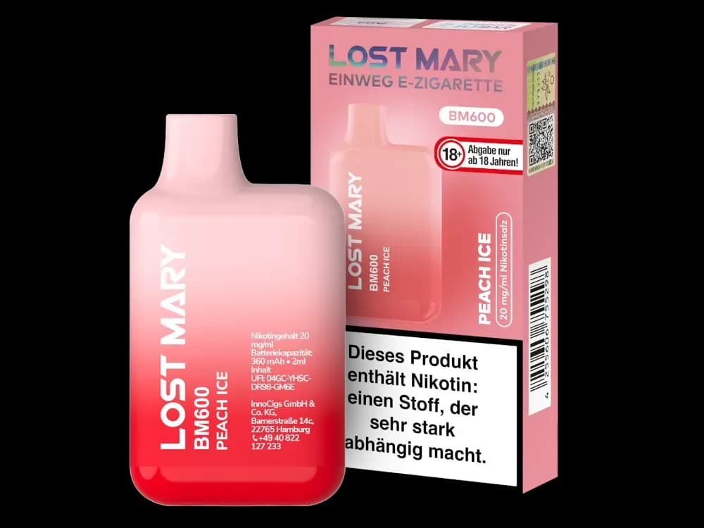 Lost Mary BM600 - Einweg E-Zigarette - 20mg/ml - Blueberry (Packung: 1er Packung / Stärke: 20 mg/ml / Geschmack: Peach Ice) (4475,00 EUR / liter)