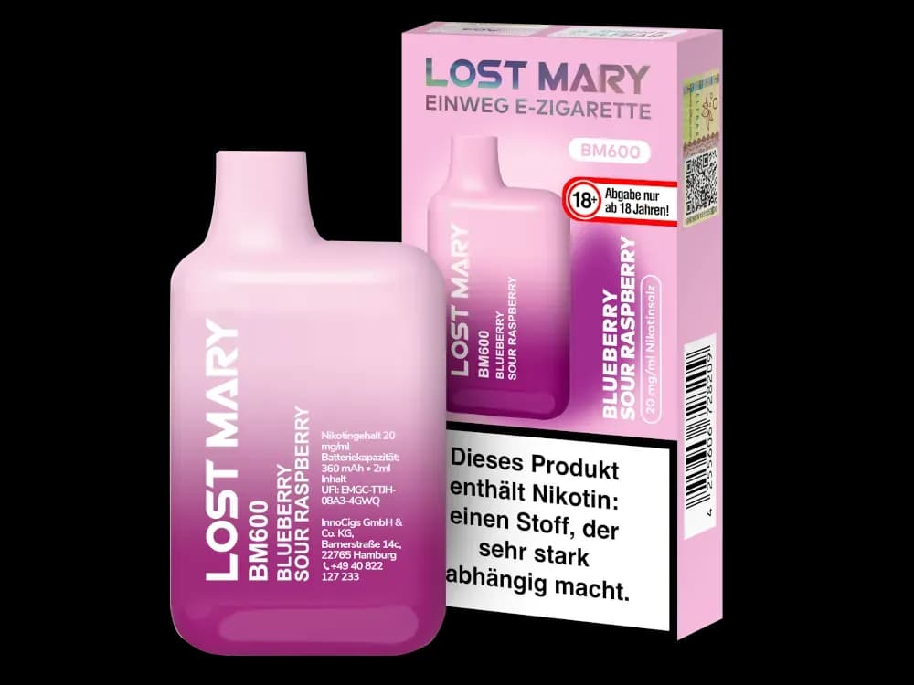 Lost Mary BM600 - Einweg E-Zigarette - 20mg/ml - Blueberry (Packung: 1er Packung / Stärke: 20 mg/ml / Geschmack: Blueberry Sour Raspberry) (4475,00...