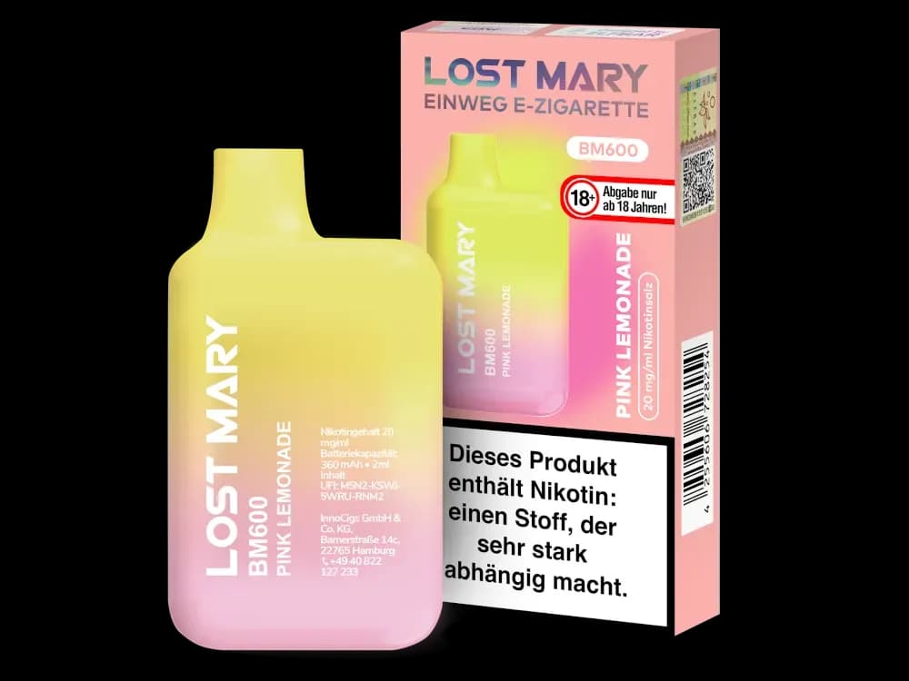 Lost Mary BM600 - Einweg E-Zigarette - 20mg/ml - Blueberry (Packung: 1er Packung / Stärke: 20 mg/ml / Geschmack: Pink Lemonade) (4475,00 EUR / liter)