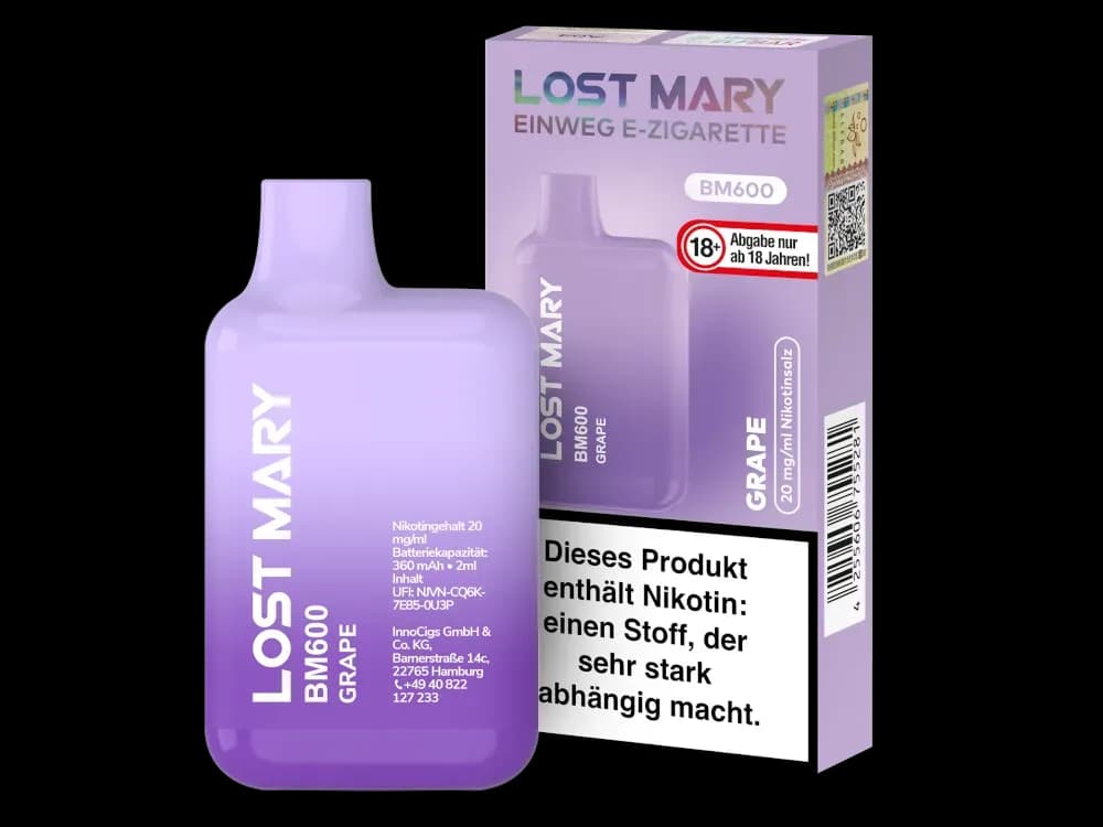 Lost Mary BM600 - Einweg E-Zigarette - 20mg/ml - Blueberry (Packung: 1er Packung / Stärke: 20 mg/ml / Geschmack: Grape) (4475,00 EUR / liter)